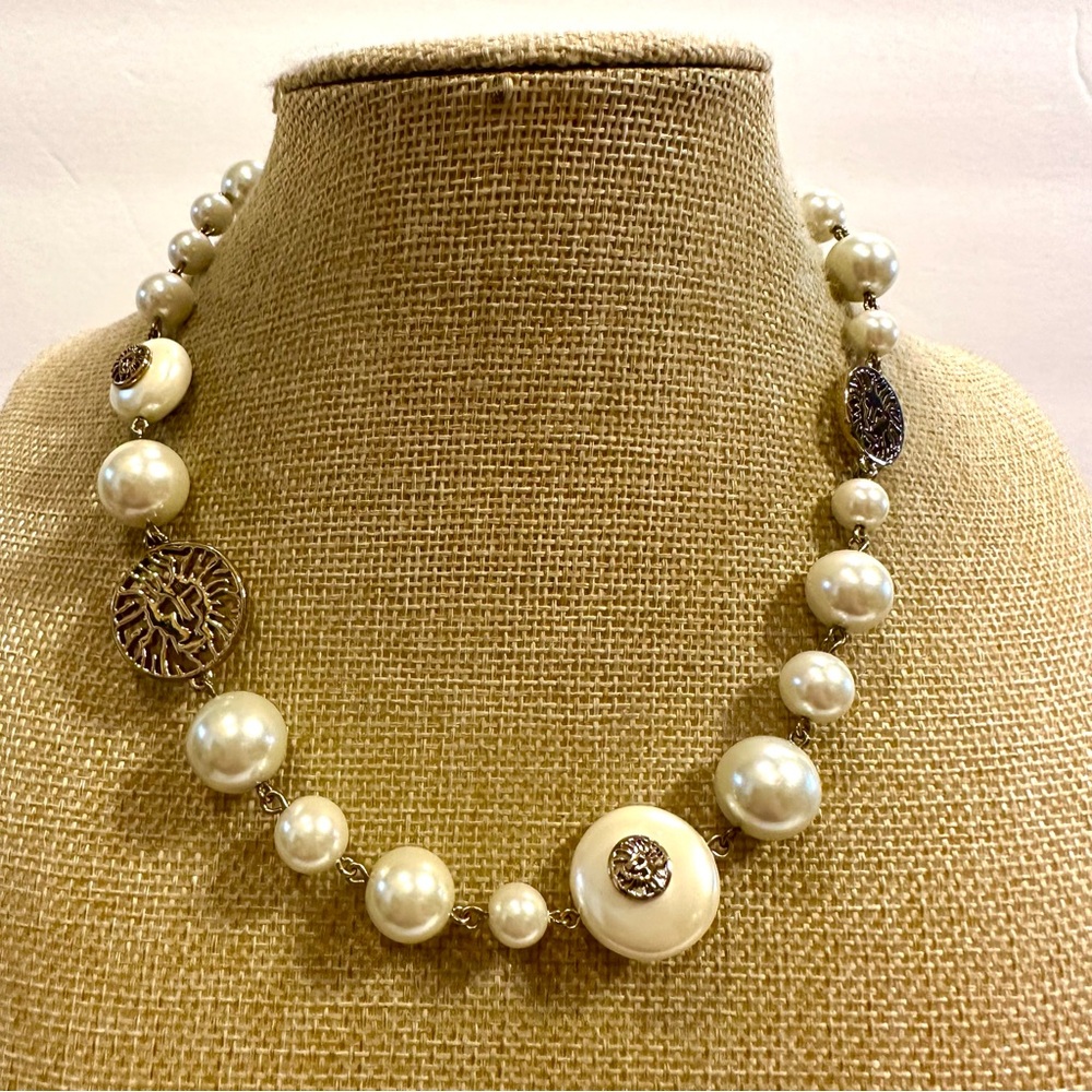 Anne Klein Necklace gold tone, glass pearls w/ lion face charms